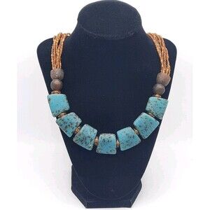 Chunky Bohemian Turquoise Amber Resin Square Beaded Statement Necklace 22" XLNT